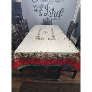 VILLEROY BOCH CHRISTMAS TABLECLOTH Red Holly Berries White Floral 102"x 60"